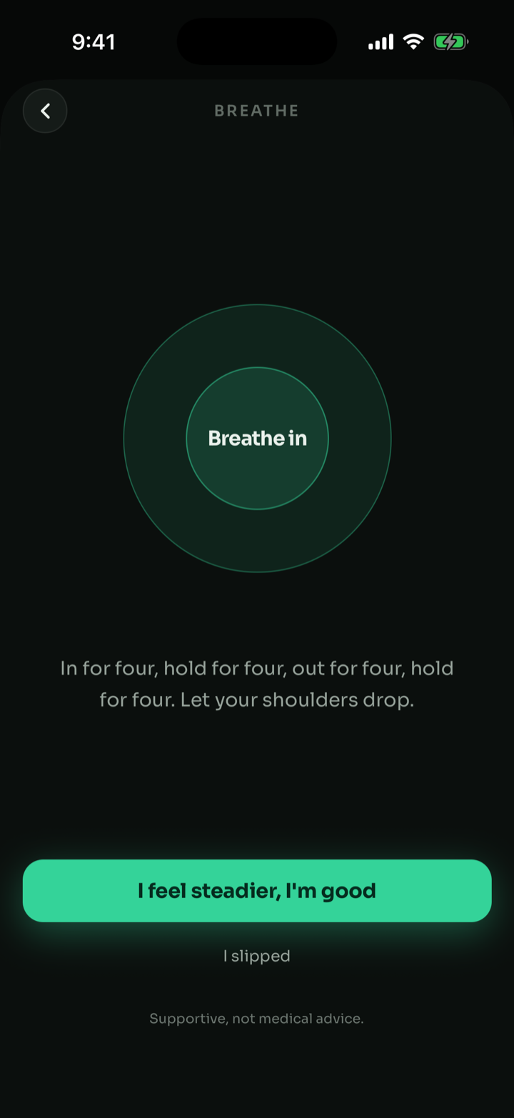 HALE Breathe screen: a guided box-breathing circle, in for four, hold for four, out for four, hold for four