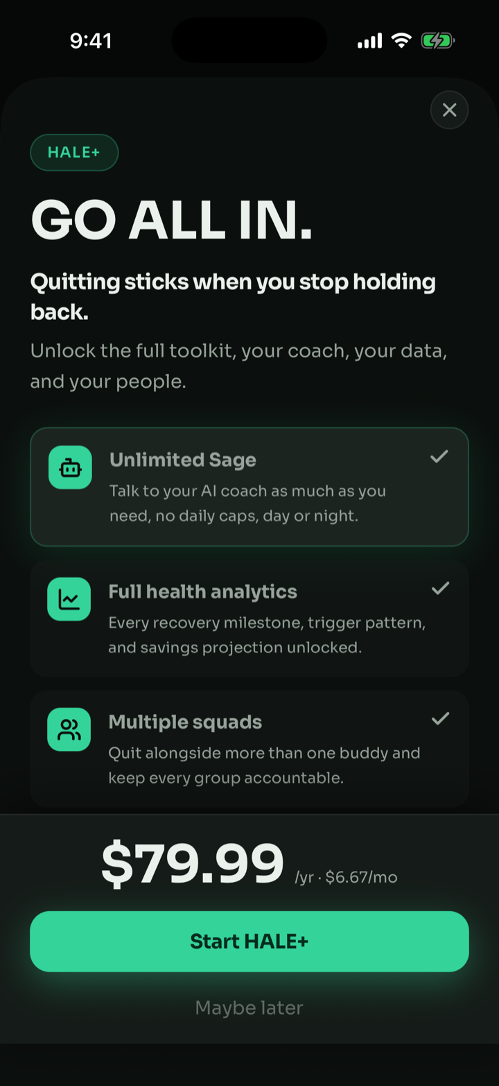 HALE+ upgrade screen listing Unlimited Sage, Full health analytics, and Multiple squads at $79.99 per year
