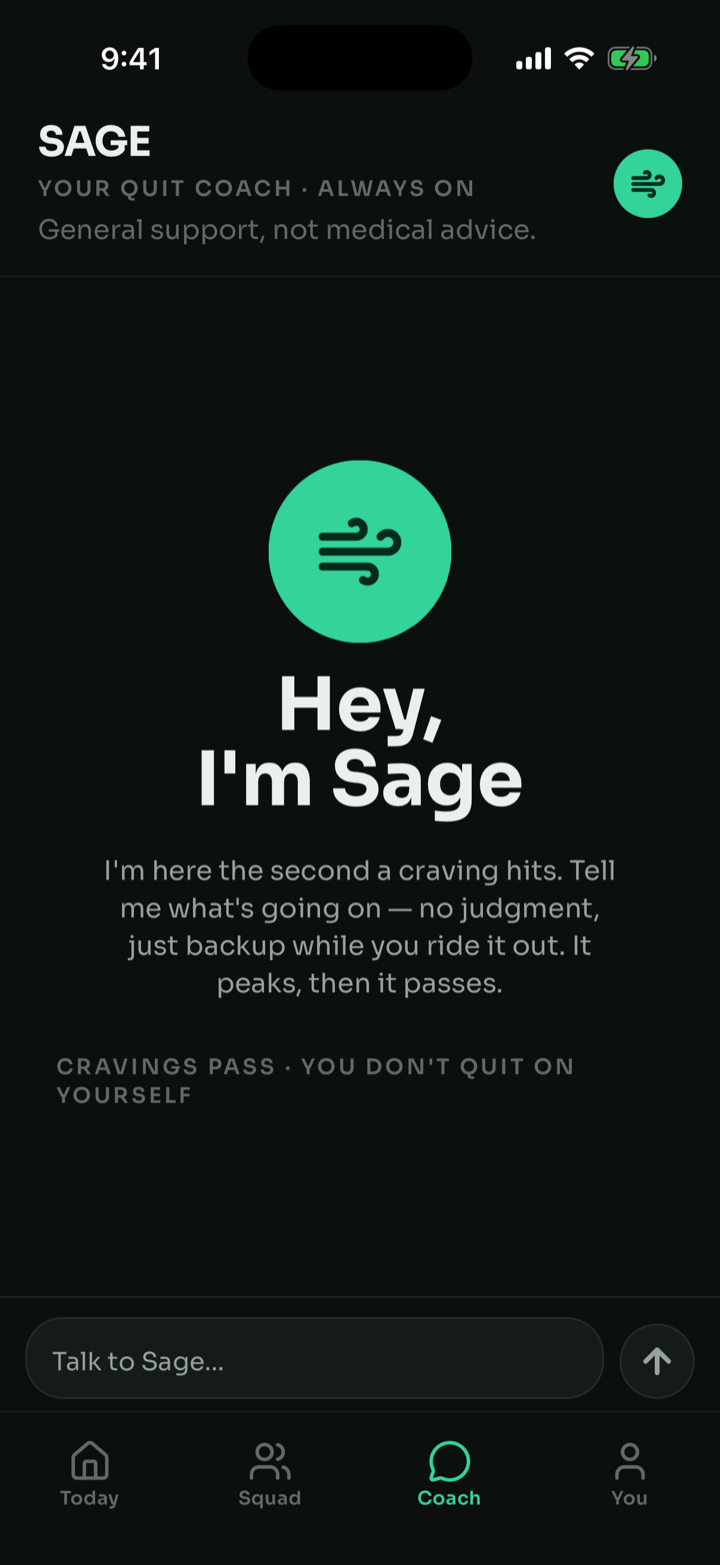 HALE Coach screen introducing Sage: here the second a craving hits, no judgment, just backup while you ride it out