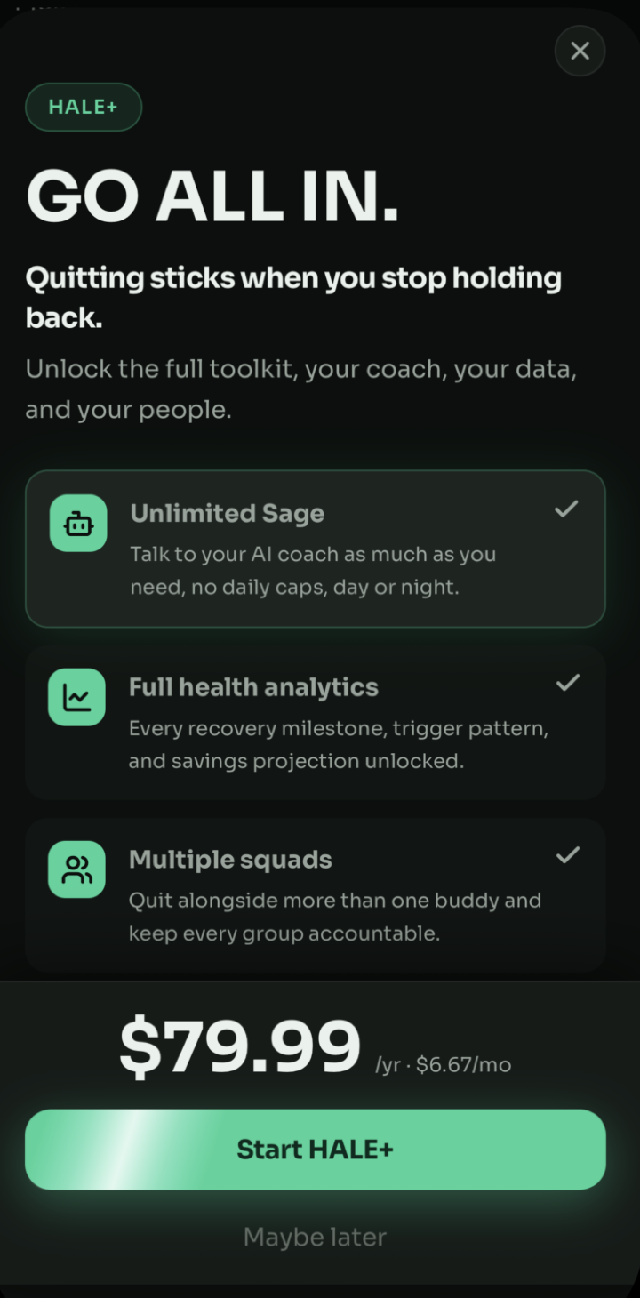 HALE+ upgrade screen listing Unlimited Sage, Full health analytics, and Multiple squads at $79.99 per year
