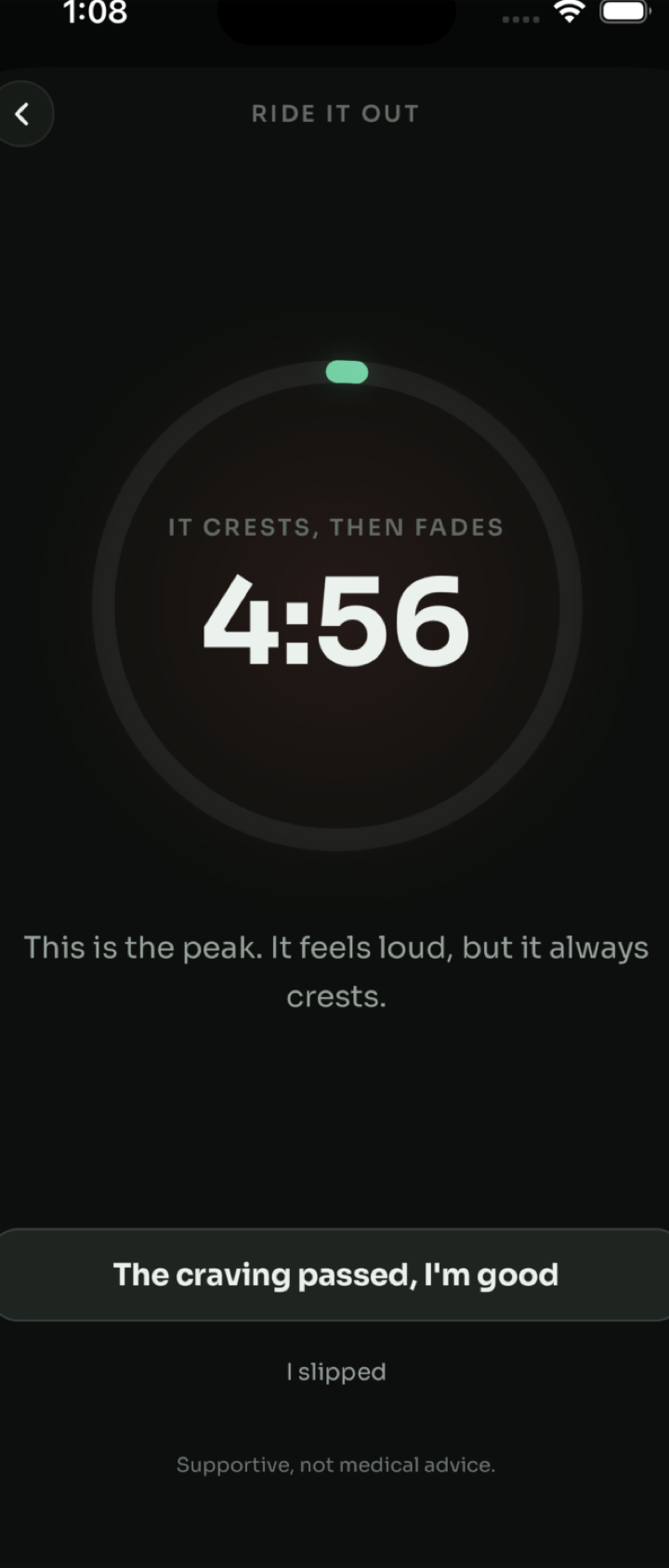 HALE Ride It Out screen: a 5 minute craving timer reading 4:56 with the message 'This is the peak. It feels loud, but it always crests.'
