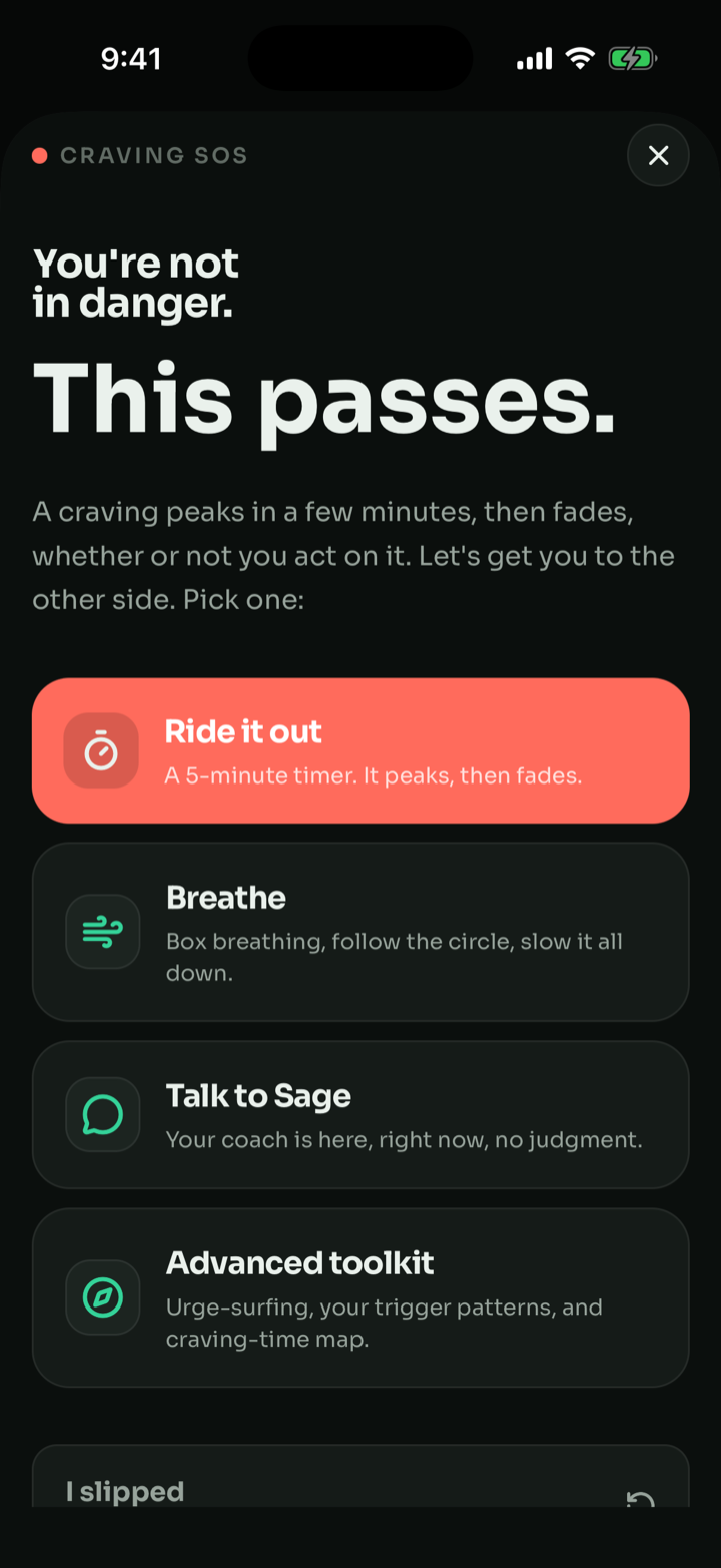 HALE Craving SOS screen: You're not in danger, this passes. Options for Ride it out, Breathe, Talk to Sage, and the advanced toolkit